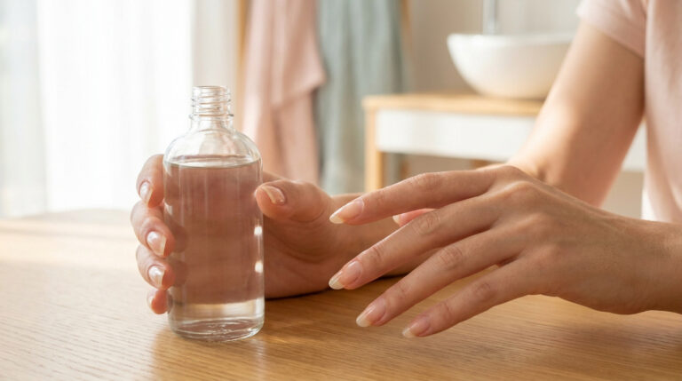 Une femme tenant une bouteille de soin pour ongles transparent sur une table en bois clair.