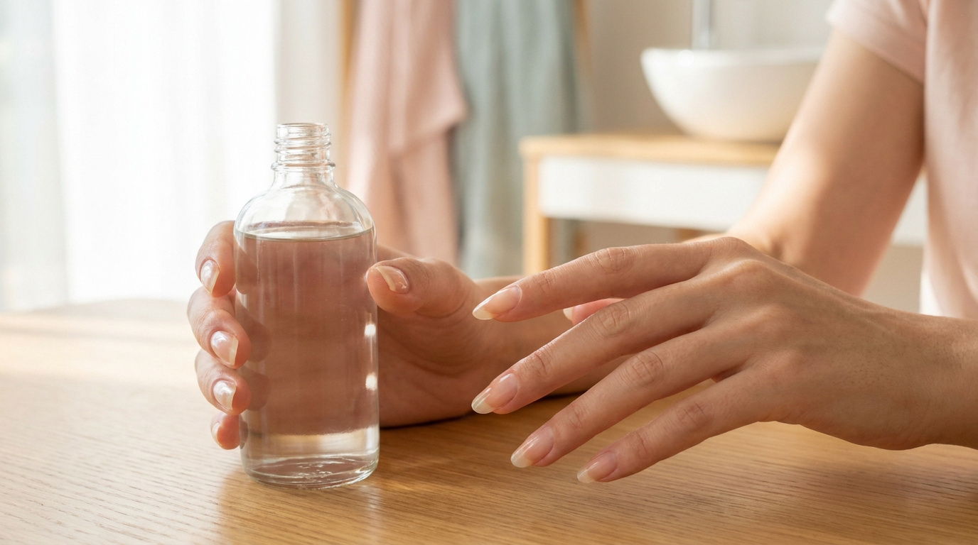 Une femme tenant une bouteille de soin pour ongles transparent sur une table en bois clair.