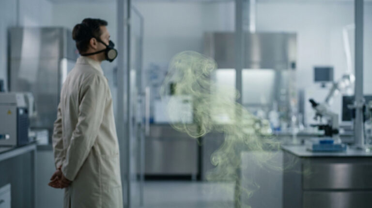 Un scientifique en blouse blanche et masque de protection observe une émanation de fumée jaunâtre dans un laboratoire.
