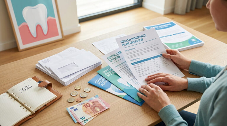 Une personne consulte des documents d'assurance santé dentaire avec des pièces en euros sur une table.