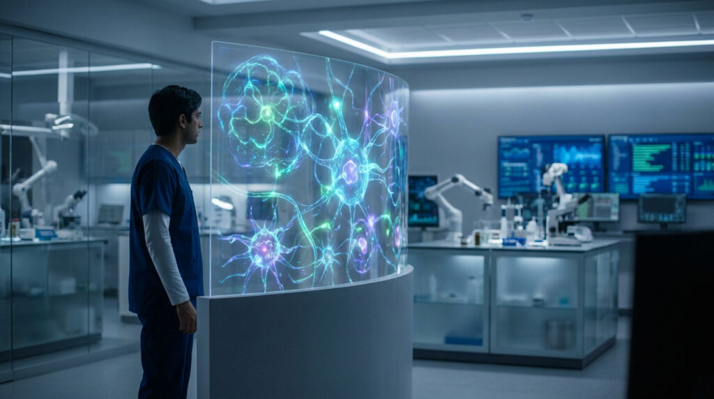 Un chercheur examine une visualisation numérique 3D de neurones sur un écran holographique incurvé dans un laboratoire.
