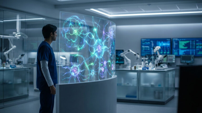 Un chercheur examine une visualisation numérique 3D de neurones sur un écran holographique incurvé dans un laboratoire.