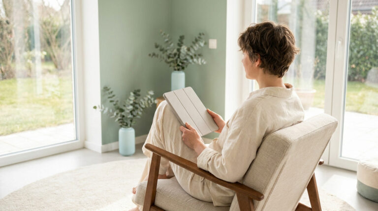 Une femme assise dans un fauteuil devant une baie vitrée, consultant une tablette numérique dans un intérieur serein.