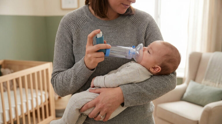 Une mère utilise une chambre d'inhalation avec masque pour administrer un traitement à son bébé dans une chambre.