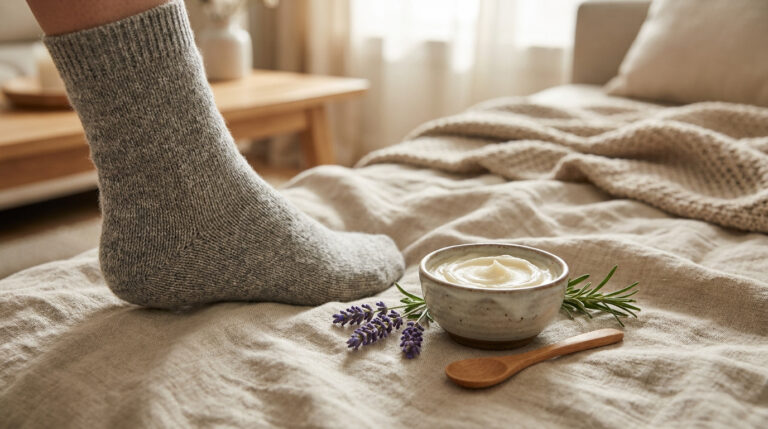 Pied en chaussette grise près d'un bol de crème naturelle, de lavande et de romarin sur un lit.