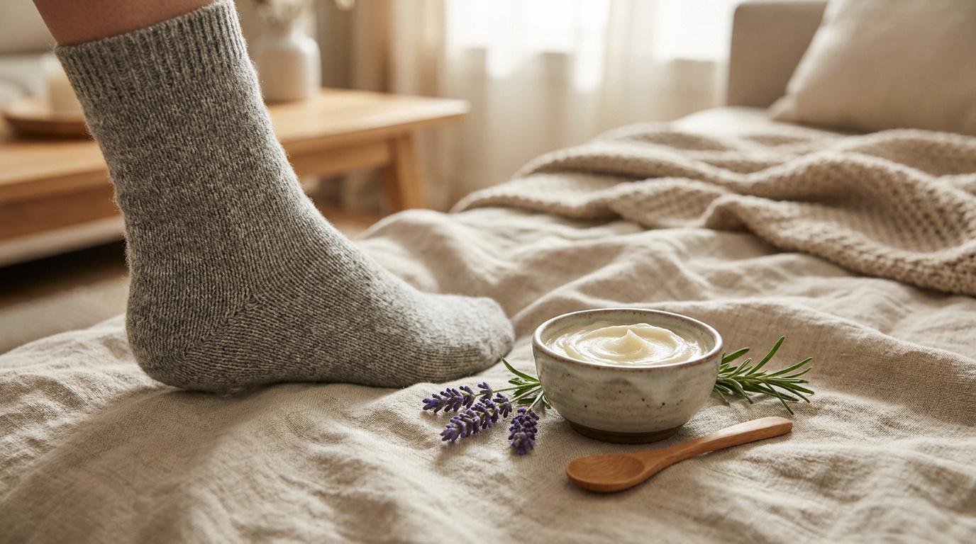Pied en chaussette grise près d'un bol de crème naturelle, de lavande et de romarin sur un lit.