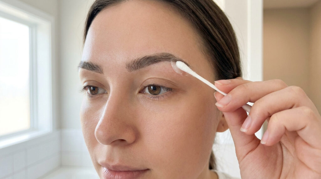 Une femme applique une fine couche de pommade sur ses sourcils avec un coton-tige après un microblading.