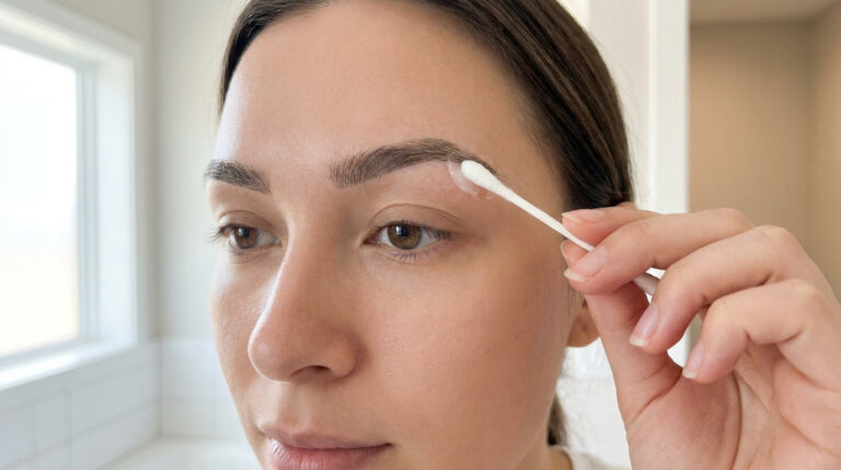Une femme applique une fine couche de pommade sur ses sourcils avec un coton-tige après un microblading.