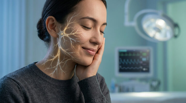 Illustration médicale montrant le nerf trijumeau sur le visage d'une patiente sereine dans un environnement hospitalier.