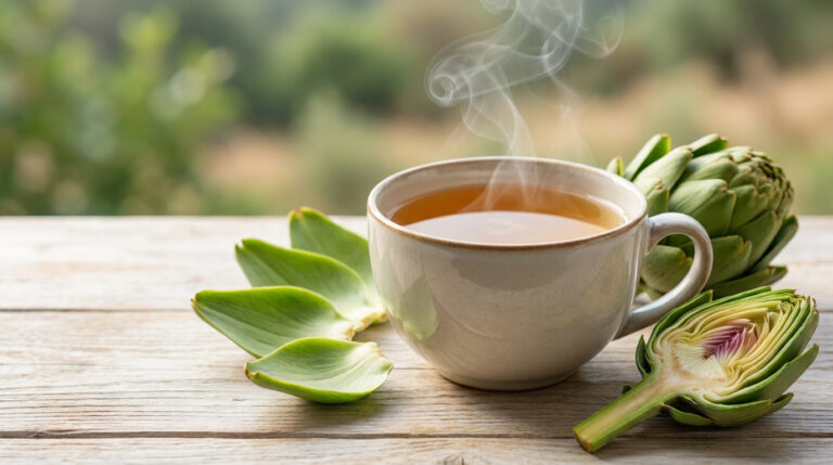 Une tasse de tisane d'artichaut fumante sur une table en bois, entourée d'artichauts frais.