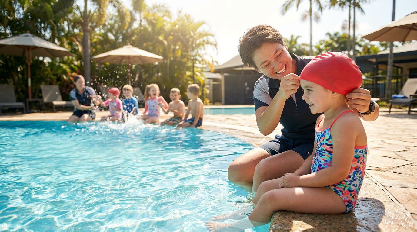 Une monitrice ajuste un bonnet de bain rouge sur la tête d'une petite fille assise au bord d'une piscine ensoleillée.