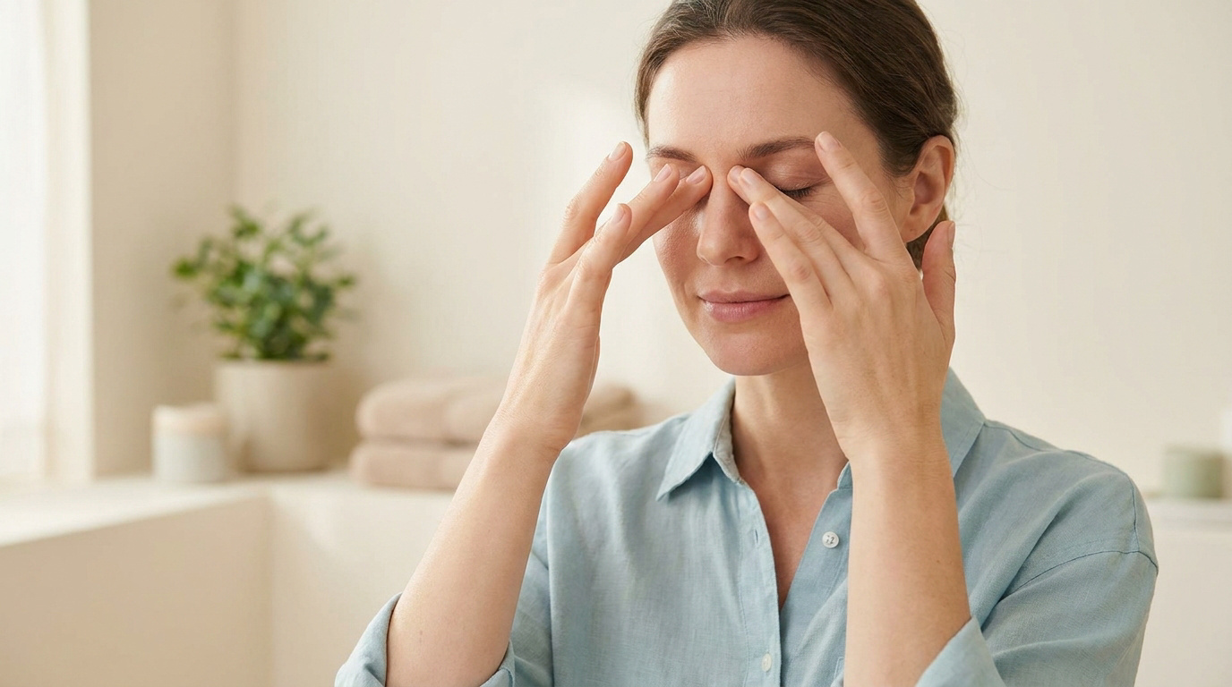 Femme pratiquant l'acupression en massant le pont de son nez pour se détendre.