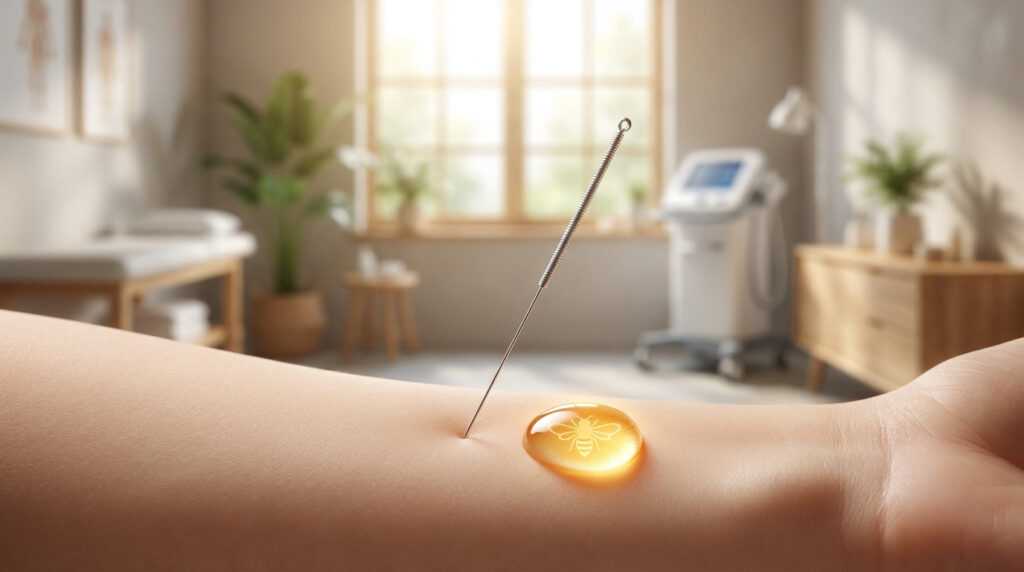 Une aiguille d'acupuncture plantée dans un bras, à côté d'une goutte de venin d'abeille dorée.
