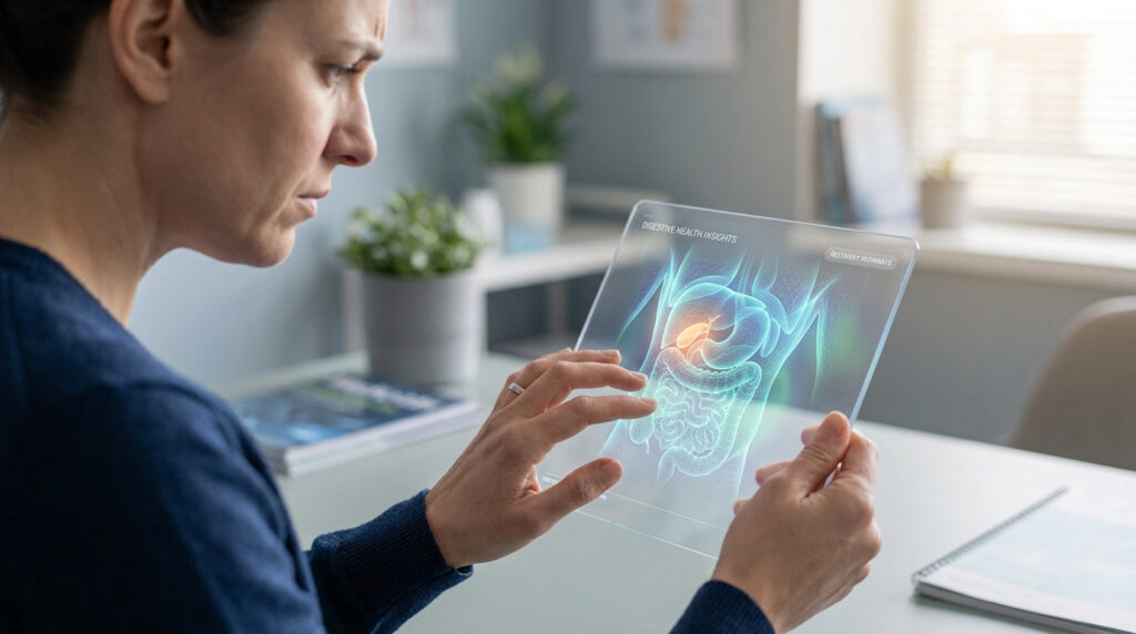 Une femme examine une visualisation numérique du système digestif sur une tablette transparente.