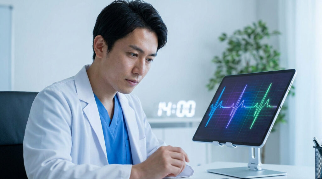 Un médecin analyse les résultats d'un électrocardiogramme sur une tablette numérique dans son cabinet.