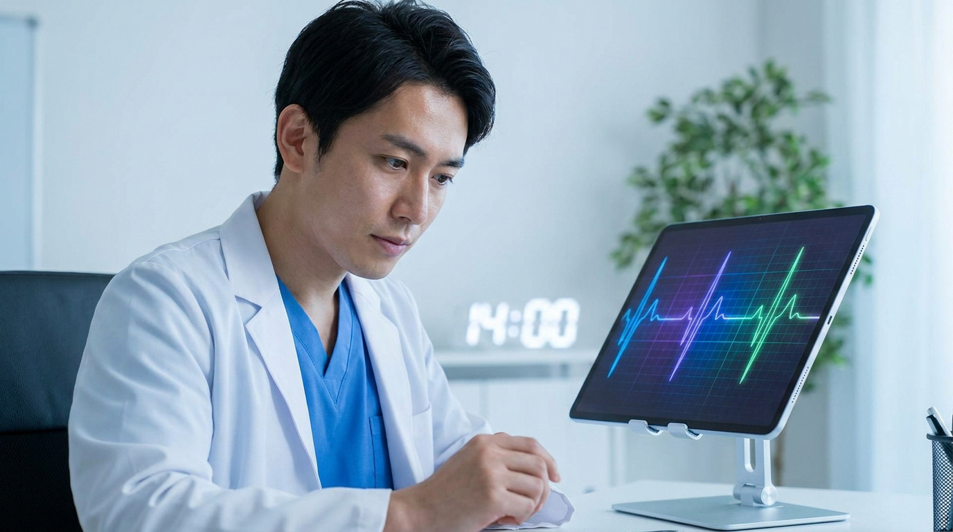 Un médecin analyse les résultats d'un électrocardiogramme sur une tablette numérique dans son cabinet.