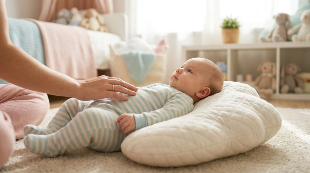 Un bébé allongé sur un coussin ergonomique, surveillé par sa mère dans une chambre lumineuse.