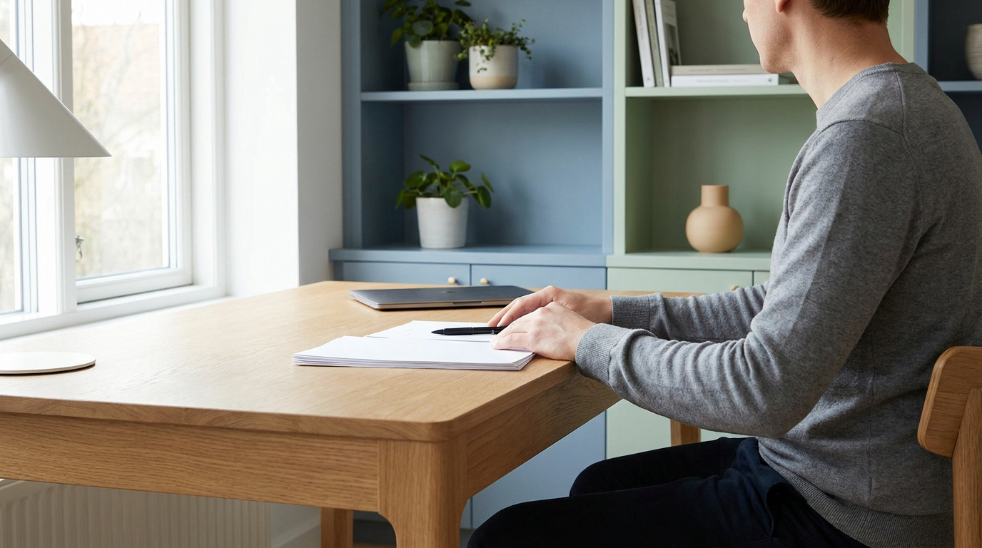 Un homme assis à un bureau en bois, travaillant sur des documents administratifs dans une pièce calme et lumineuse.