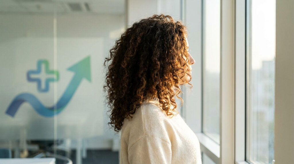 Une femme aux cheveux bouclés regarde par la fenêtre d'un bureau avec un logo médical en arrière-plan.