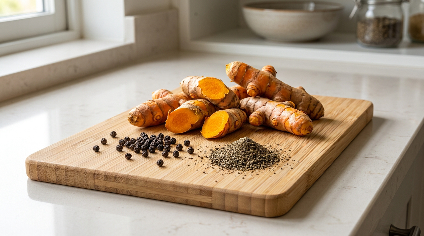 Racines de curcuma frais et grains de poivre noir sur une planche à découper en bois dans une cuisine.