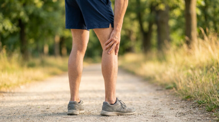 Un coureur s'arrête en plein air, tenant l'arrière de son genou en raison d'une douleur musculaire.