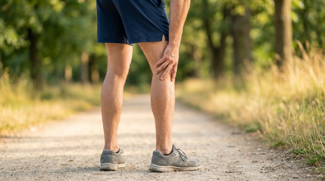 Un coureur s'arrête en plein air, tenant l'arrière de son genou en raison d'une douleur musculaire.