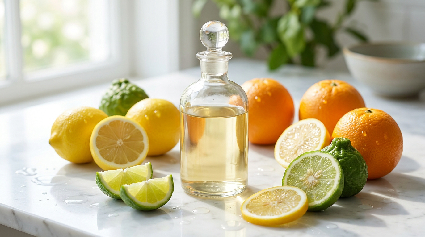Flacon en verre rempli d'un liquide clair entouré de citrons, citrons verts et oranges sur une table en marbre.