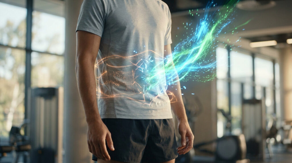 Homme en salle de sport avec une visualisation numérique d'énergie lumineuse émanant de son abdomen.