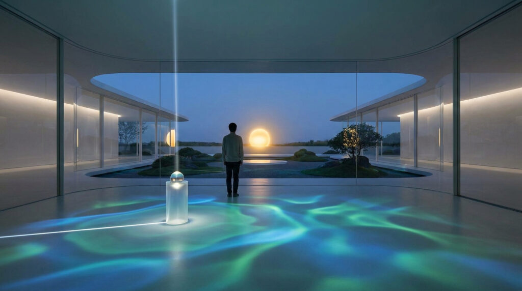 Une personne regarde un coucher de soleil depuis une salle moderne, avec des reflets lumineux projetés au sol.