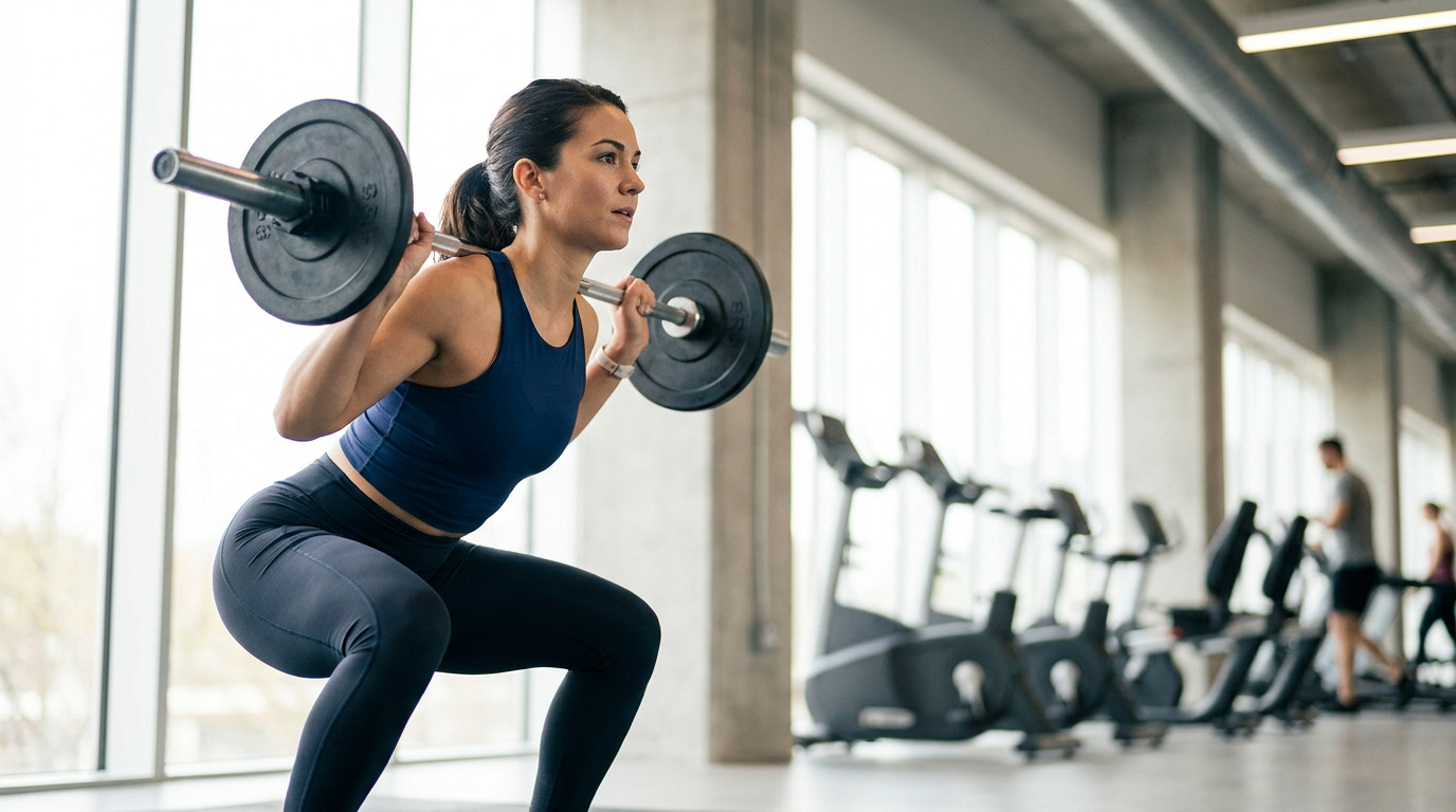 Une femme athlétique faisant des squats avec une barre dans une salle de sport moderne et lumineuse.