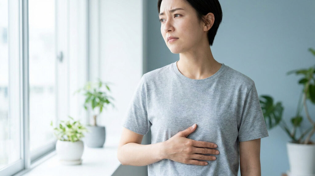 Femme inquiète tenant son ventre, suggérant une douleur abdominale après une chirurgie de la vésicule biliaire.
