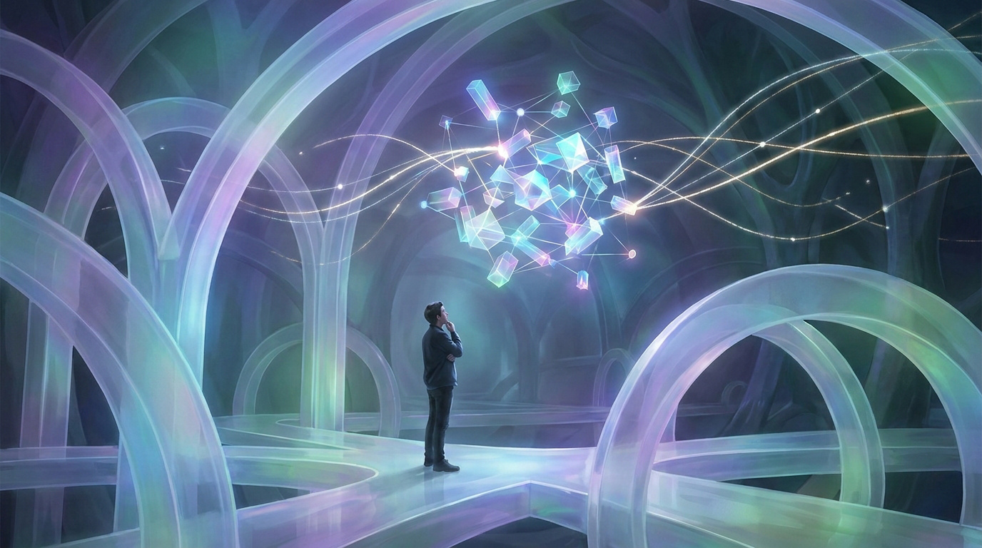 Un homme observe une structure de cubes lumineux flottants dans un décor abstrait et futuriste.