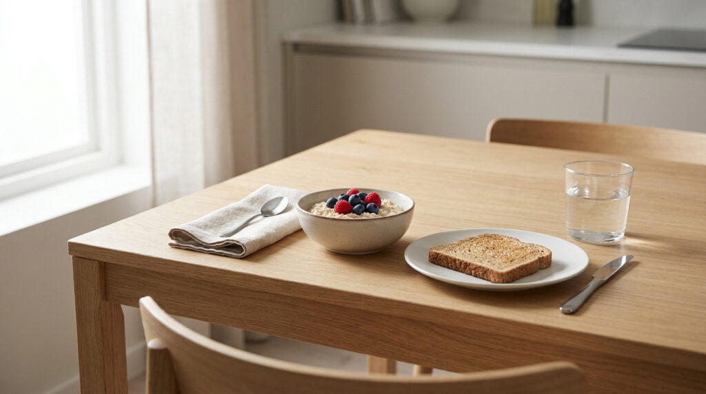 Un bol de porridge aux fruits rouges, une tranche de pain grillé et un verre d'eau posés sur une table en bois clair.