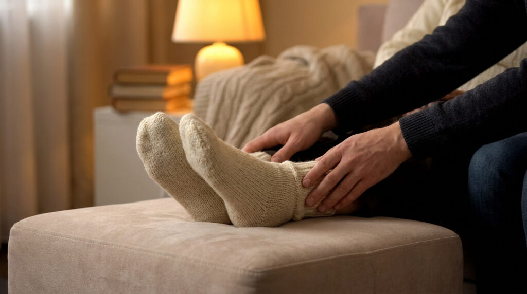 Personne âgée avec des chaussettes en laine posant ses pieds sur un pouf dans un salon chaleureux.