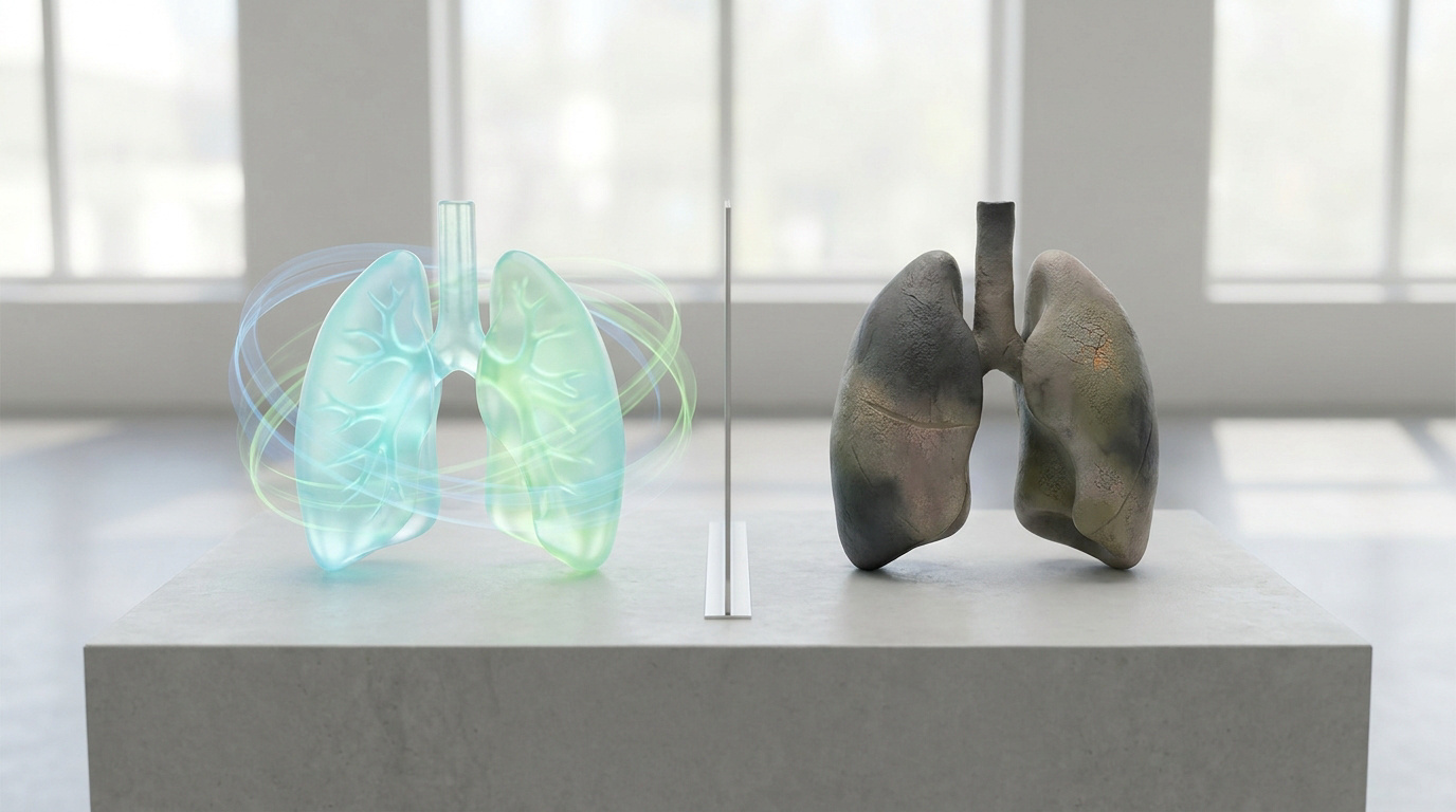 Comparaison visuelle 3D entre un poumon sain translucide et un poumon de fumeur noirci sur un socle.