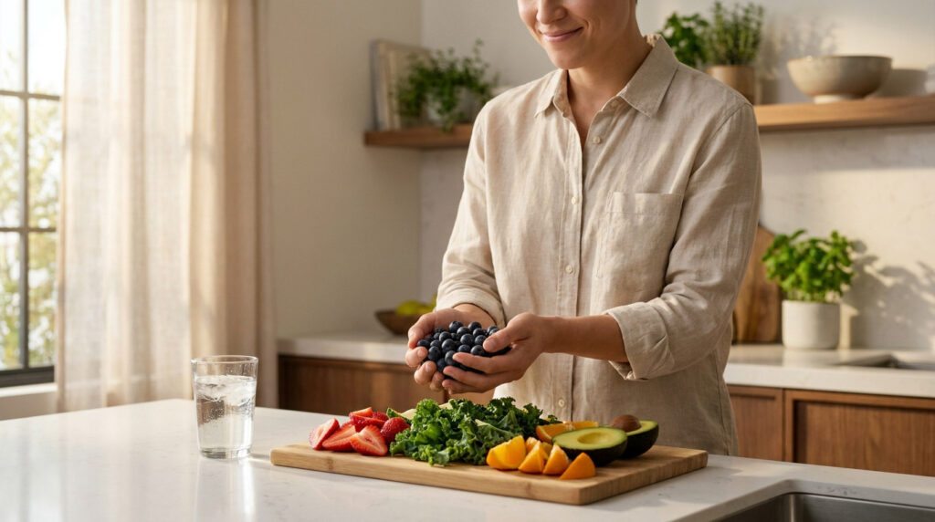 Une personne tenant une poignée de myrtilles dans une cuisine lumineuse avec des fruits et légumes sur une planche.