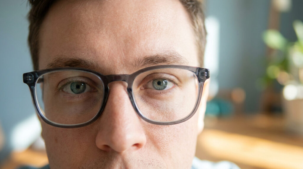 Gros plan sur le visage d'un homme portant des lunettes à monture grise translucide.