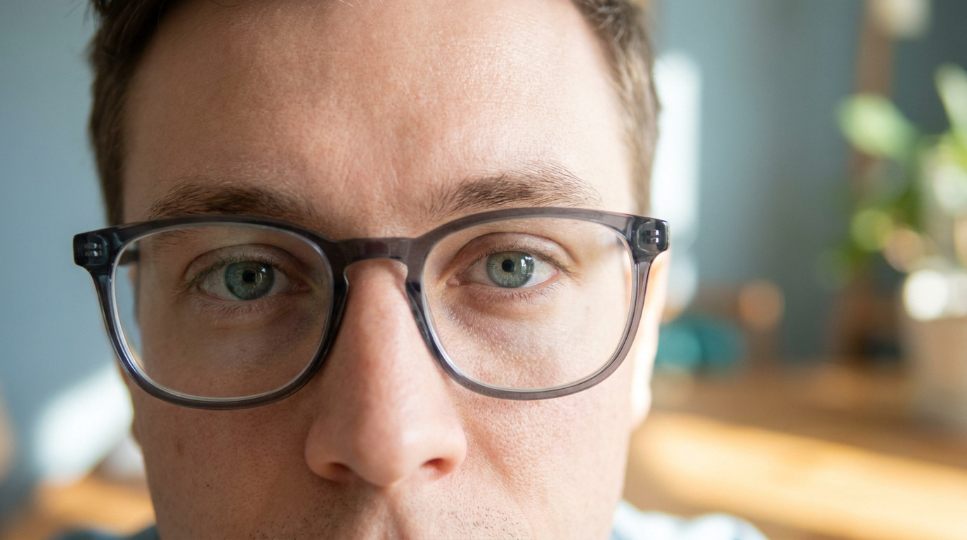 Gros plan sur le visage d'un homme portant des lunettes à monture grise translucide.