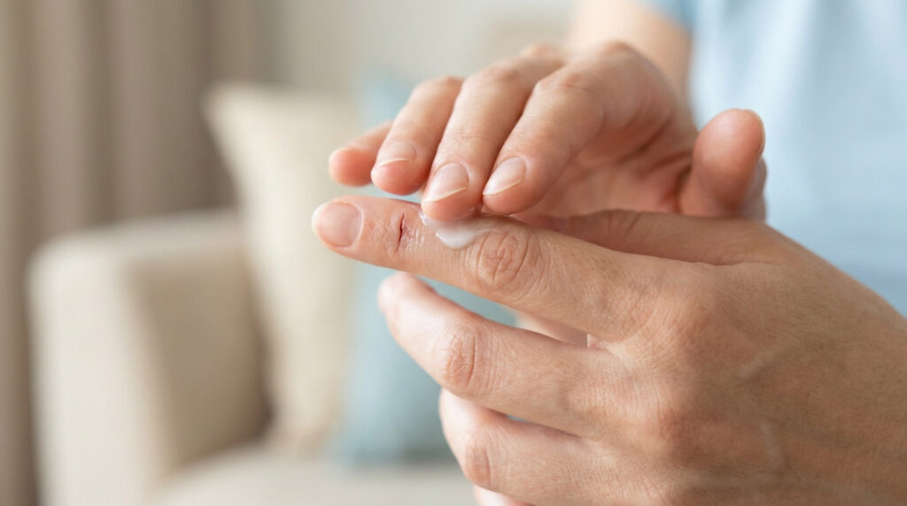Une personne applique une crème hydratante sur une fissure douloureuse au niveau de l'articulation de son doigt.