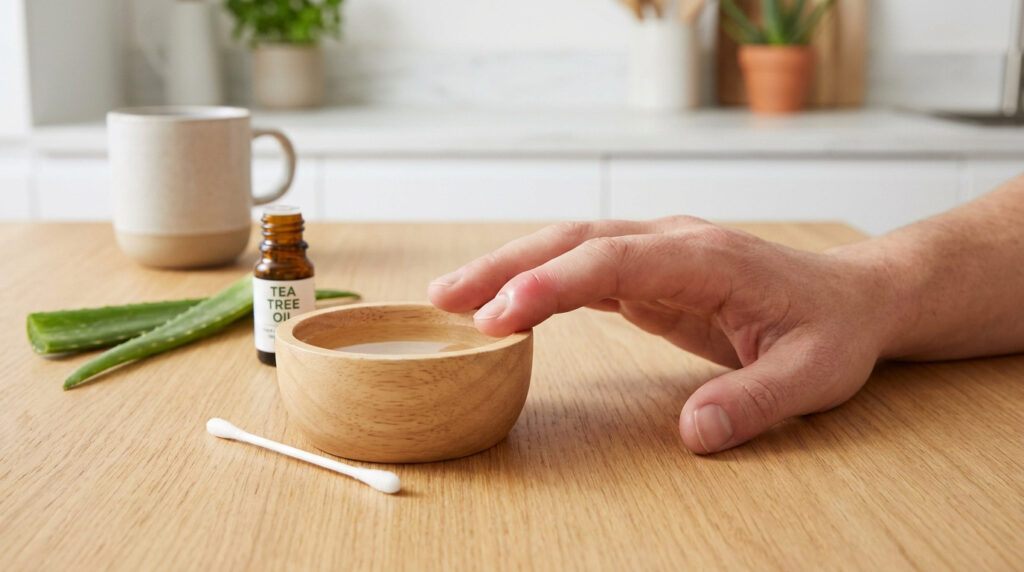 Main atteinte d'un panaris trempée dans un bol avec de l'huile d'arbre à thé et de l'aloe vera sur une table.