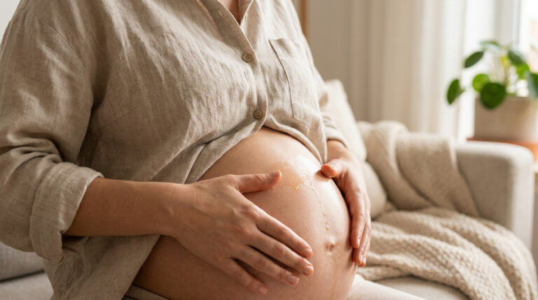 Une femme enceinte applique de l'huile sur son ventre pour prévenir les vergetures.