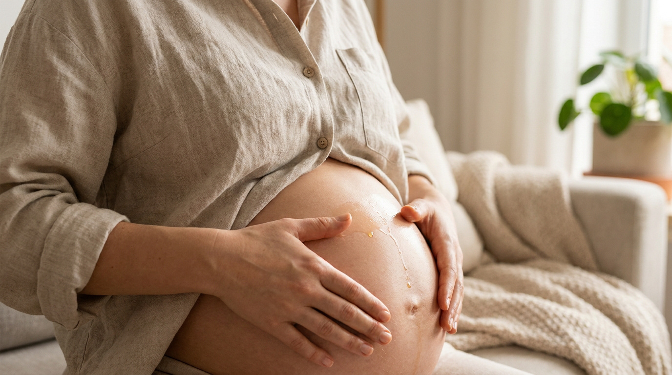 Une femme enceinte applique de l'huile sur son ventre pour prévenir les vergetures.
