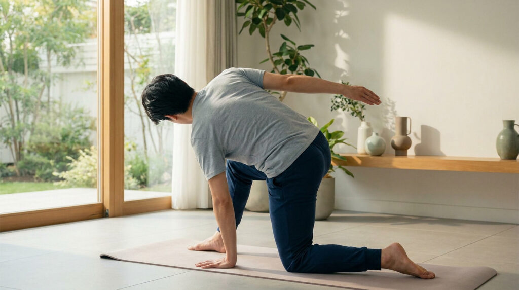 Un homme fait un exercice de yoga avec torsion vertébrale sur un tapis dans une pièce lumineuse.