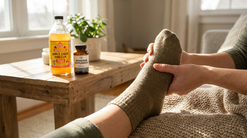 Personne se massant le pied avec du vinaigre de cidre et des compléments de magnésium sur une table en arrière-plan.