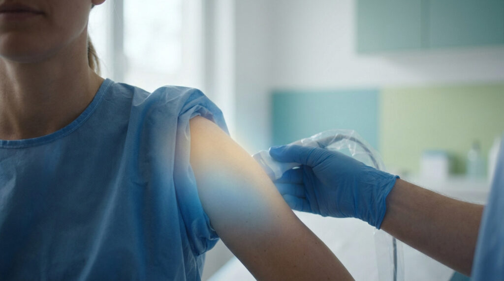 Un médecin effectue une échographie de l'épaule sur une patiente dans un cabinet médical.