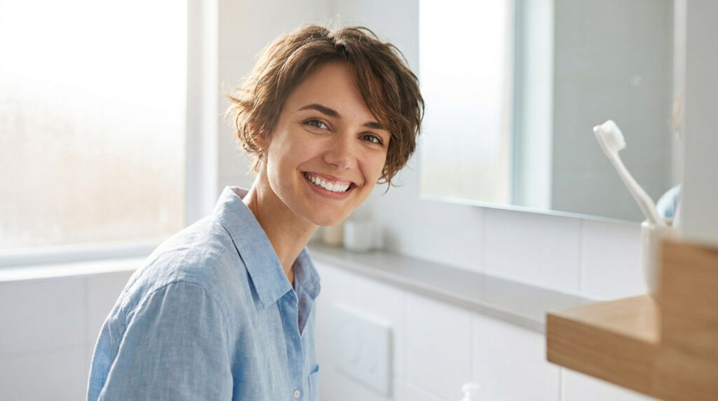 Une femme souriante dans une salle de bain lumineuse avec une brosse à dents à proximité.