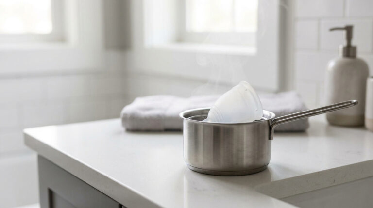 Une coupe menstruelle en silicone blanc dans une petite casserole d'eau chaude fumante sur un comptoir de salle de bain.