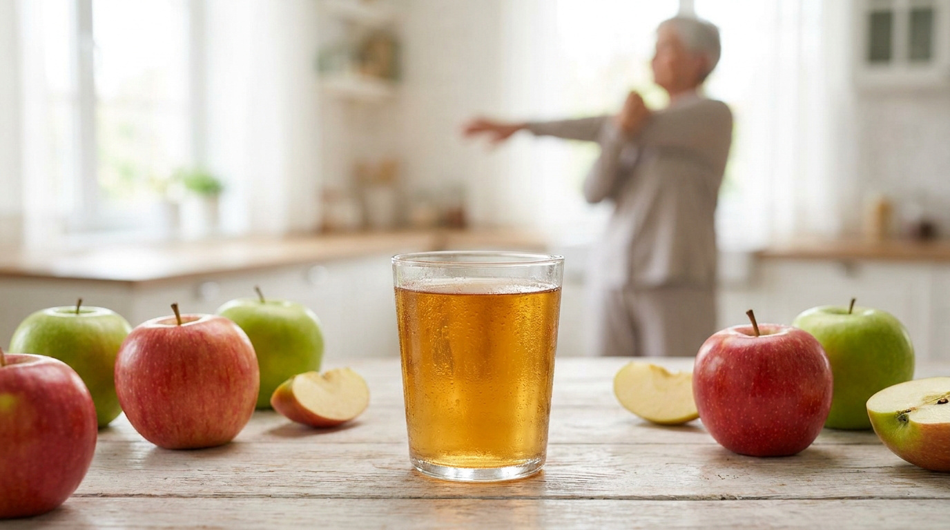 Un verre de vinaigre de cidre sur une table entouré de pommes fraîches, avec une femme qui s'étire en arrière-plan.