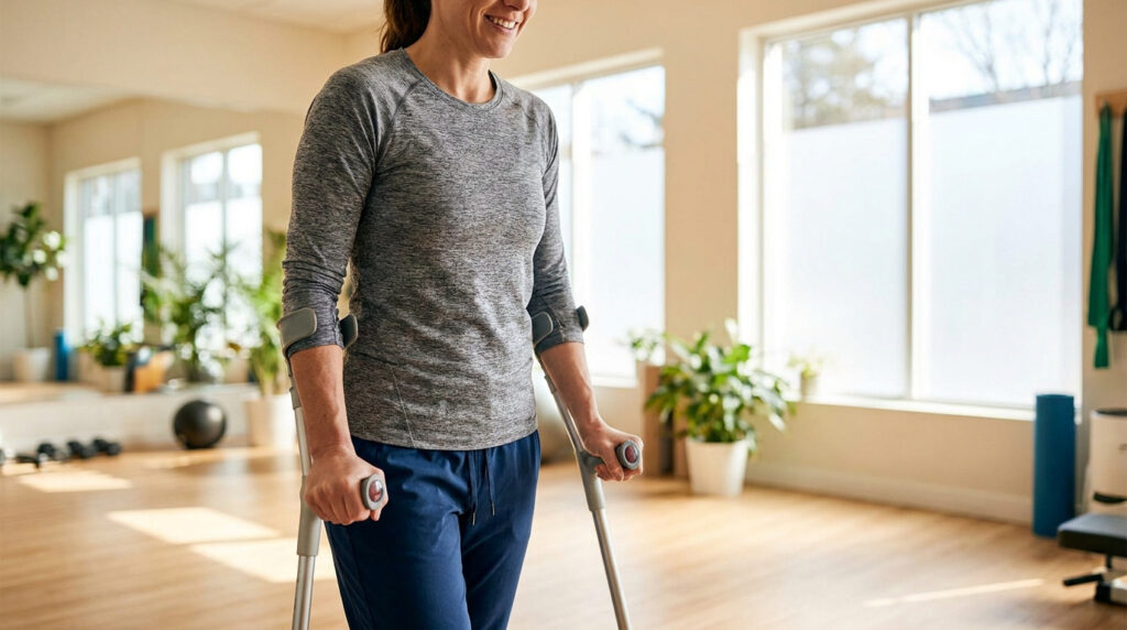 Une femme souriante s'appuie sur deux béquilles dans une salle de sport lumineuse et moderne.