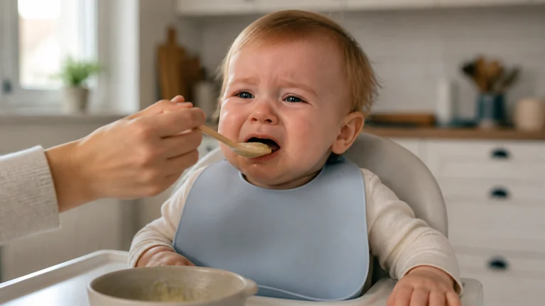 Illustration éditoriale pour l’article « Pourquoi bébé pleure mangeant : causes et solutions pour l'aider »